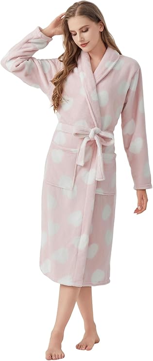 WERBELIN Bath robe，Women's Premium Plush Long Soft Cozy Robe，Cute Partern， Warm Fleece Shawl Bathrobe with Pockets