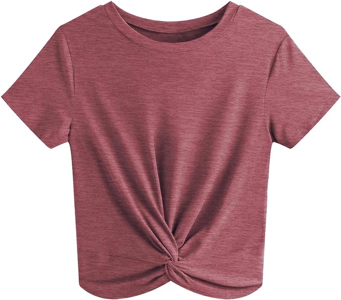 COOLOVER Women's Summer Causal Short Sleeve Blouse Round Neck Crop Tops Twist Front Tee T-Shirt