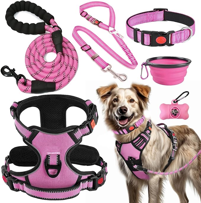 PAERCUTE Dog Harness, Collar & Leash Set | Includes Dog Seat Belt, Collapsible Bowls & Poop Bag Dispenser.  Ideal for Training, Walking, Hiking.  Fits Small to Large Dogs