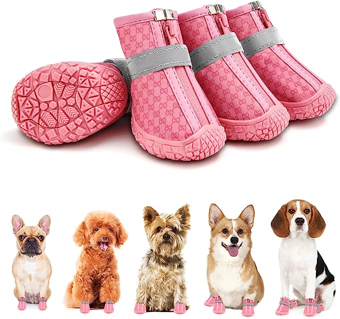 PAERCUTE Dog Shoes for Small Dogs Boots, Waterproof Dog Booties Paw Protector for Outdoor Walking, Puppy Shoes with Reflective Strips Rugged Anti-Slip Sole for Hardwood Floors Hot Pavement Winter Snow 4PCS/Set