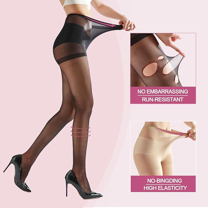 BLUEENJOY Hosiery 2 Pairs Women's Sheer Tights with Run-Resist,20D Ladies High Waist Support Control Top Pantyhose-Reinforced Toes