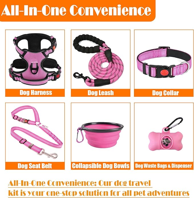 PAERCUTE Dog Harness, Collar & Leash Set | Includes Dog Seat Belt, Collapsible Bowls & Poop Bag Dispenser.  Ideal for Training, Walking, Hiking.  Fits Small to Large Dogs