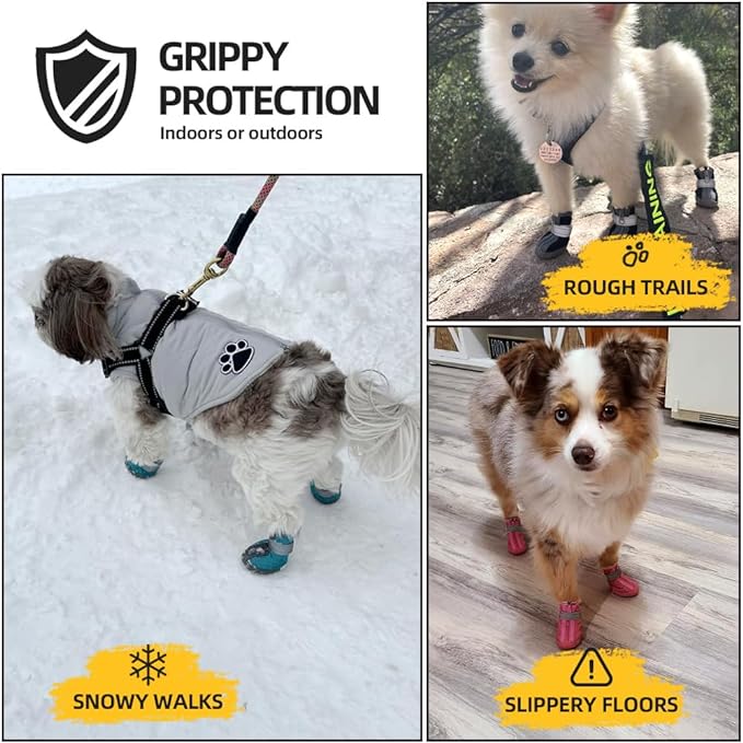 PAERCUTE Dog Shoes for Small Dogs Boots, Waterproof Dog Booties Paw Protector for Outdoor Walking, Puppy Shoes with Reflective Strips Rugged Anti-Slip Sole for Hardwood Floors Hot Pavement Winter Snow 4PCS/Set