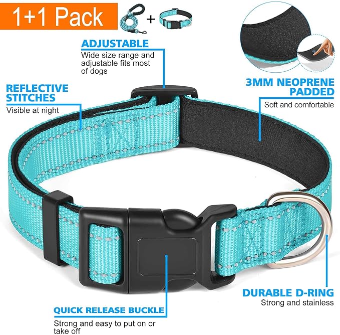 PAERCUTE Reflective Dog Collar Leads Padded with Soft Neoprene Breathable Adjustable Nylon Dog Collars for Small Medium Large Dogs