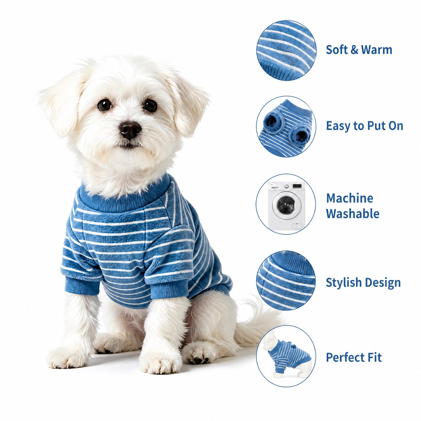 BLUETREE Clothing for pets Soft Fleece Dog Sweater, Blue Striped Pullover, Warm & Cozy Clothes for Small Dogs, Machine Washable