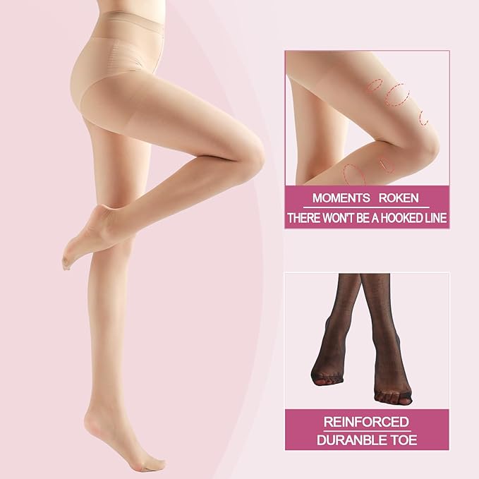 BLUEENJOY Hosiery 2 Pairs Women's Sheer Tights with Run-Resist,20D Ladies High Waist Support Control Top Pantyhose-Reinforced Toes