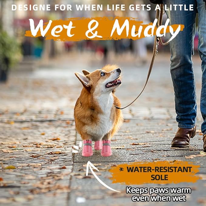 PAERCUTE Dog Shoes for Small Dogs Boots, Waterproof Dog Booties Paw Protector for Outdoor Walking, Puppy Shoes with Reflective Strips Rugged Anti-Slip Sole for Hardwood Floors Hot Pavement Winter Snow 4PCS/Set