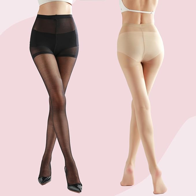 BLUEENJOY Hosiery 2 Pairs Women's Sheer Tights with Run-Resist,20D Ladies High Waist Support Control Top Pantyhose-Reinforced Toes