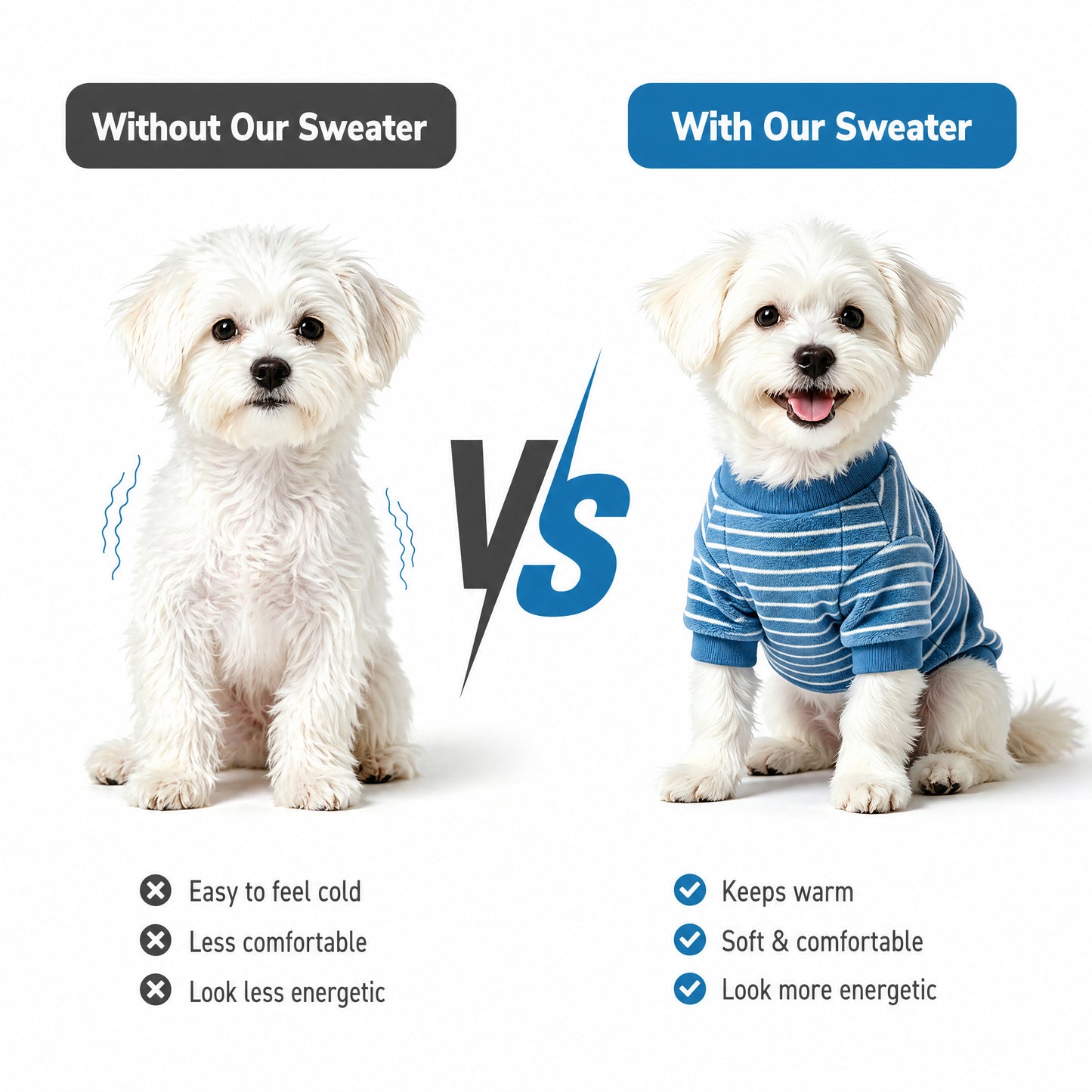 BLUETREE Clothing for pets Soft Fleece Dog Sweater, Blue Striped Pullover, Warm & Cozy Clothes for Small Dogs, Machine Washable