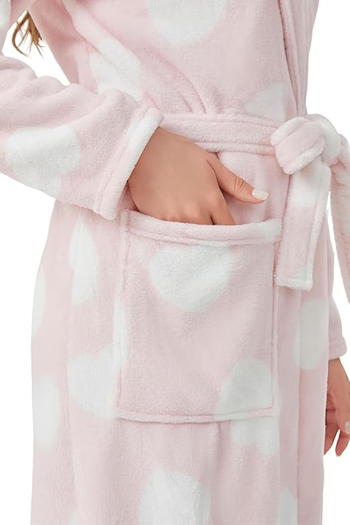 WERBELIN Bath robe，Women's Premium Plush Long Soft Cozy Robe，Cute Partern， Warm Fleece Shawl Bathrobe with Pockets