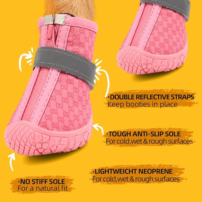 PAERCUTE Dog Shoes for Small Dogs Boots, Waterproof Dog Booties Paw Protector for Outdoor Walking, Puppy Shoes with Reflective Strips Rugged Anti-Slip Sole for Hardwood Floors Hot Pavement Winter Snow 4PCS/Set