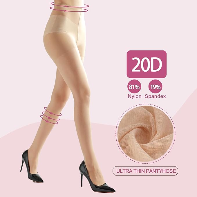 BLUEENJOY Hosiery 2 Pairs Women's Sheer Tights with Run-Resist,20D Ladies High Waist Support Control Top Pantyhose-Reinforced Toes