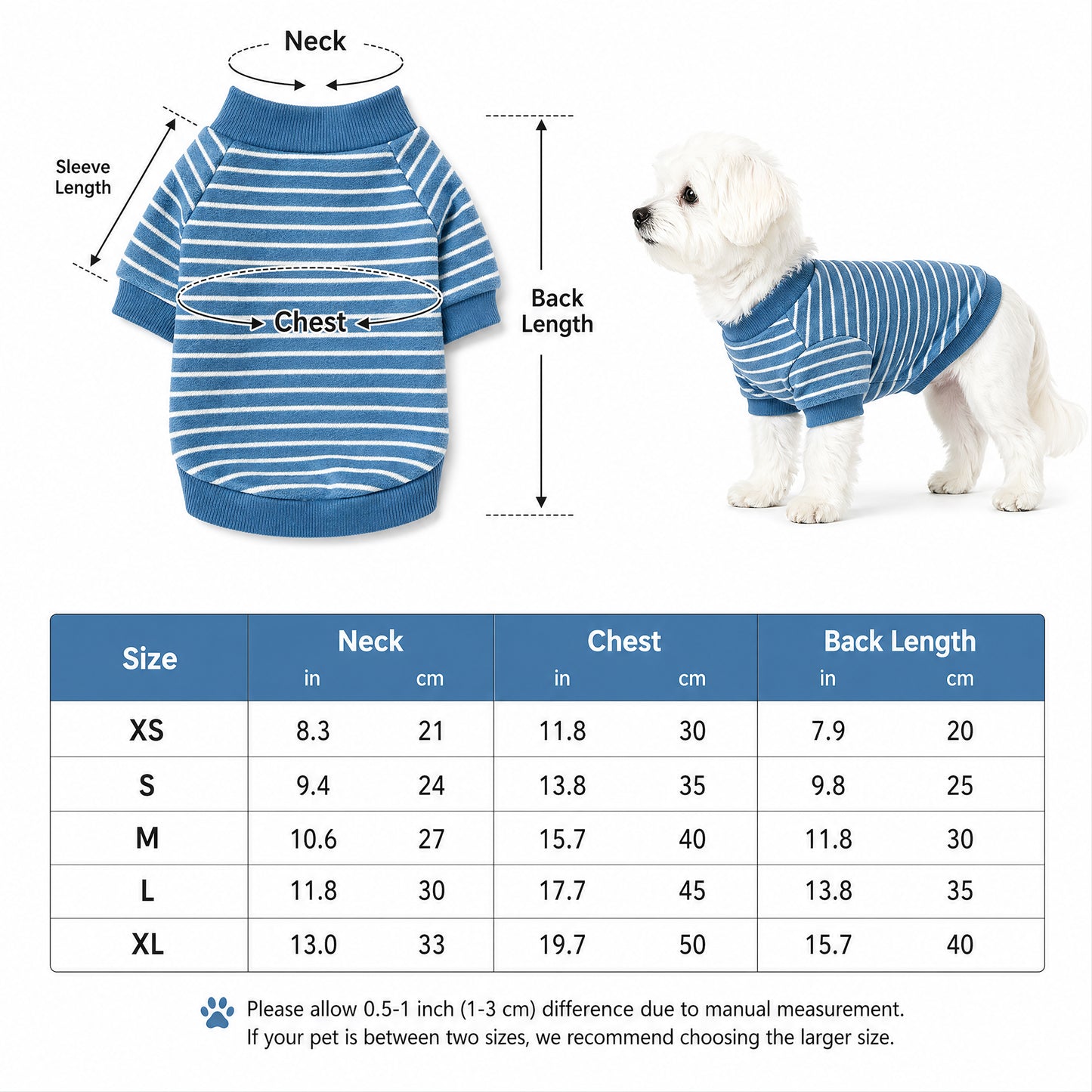 BLUETREE Clothing for pets Soft Fleece Dog Sweater, Blue Striped Pullover, Warm & Cozy Clothes for Small Dogs, Machine Washable