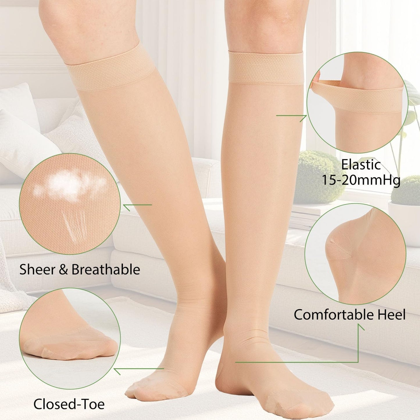 BHINEGO Compression Stockings for Women - Knee High Support Hose Compression Socks for Improving Circulation, Leg Fatigue and Swelling, Nude